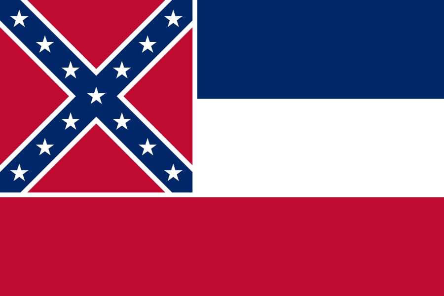 The Mississippi state flag incorporates the Confederate flag into the top left corner. (image via Wikipedia)
