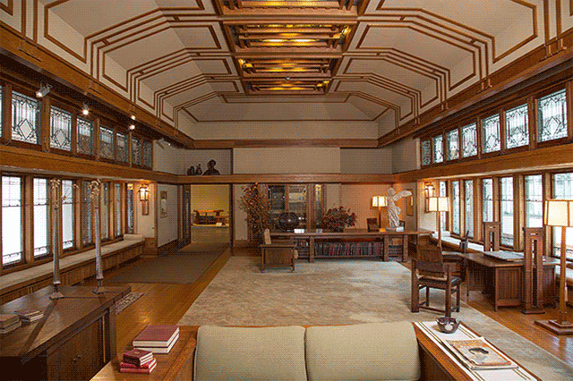 The Frank Lloyd Wright designed living room from the Little House, Wayzata, Minnesota (1912-14) (image via TOAH)