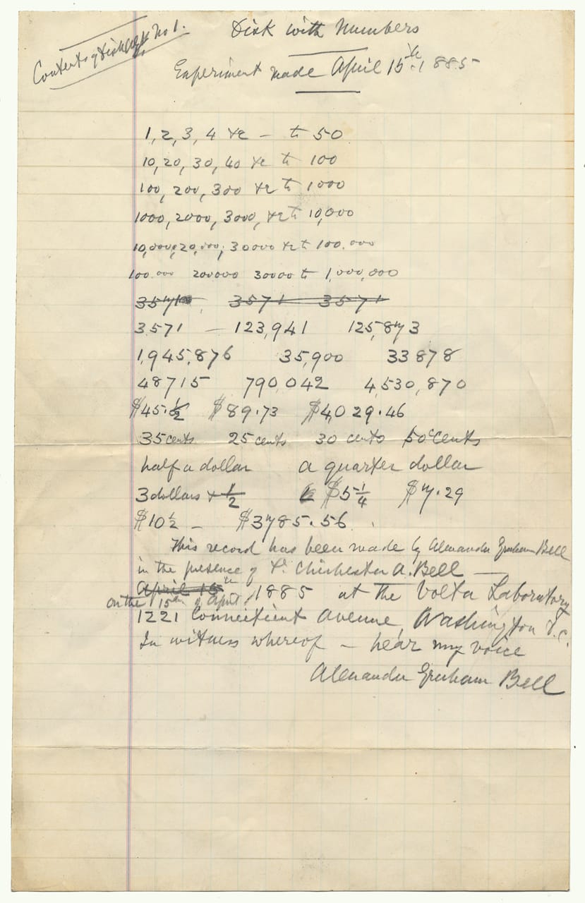 Handwritten list of numbers, witnessed by Alexander Graham Bell on 15 April 1885. Unregistered item, reference material. Cropped by DAMPP staff for Web use. Transcript of Alexander Graham Bell's voice disc