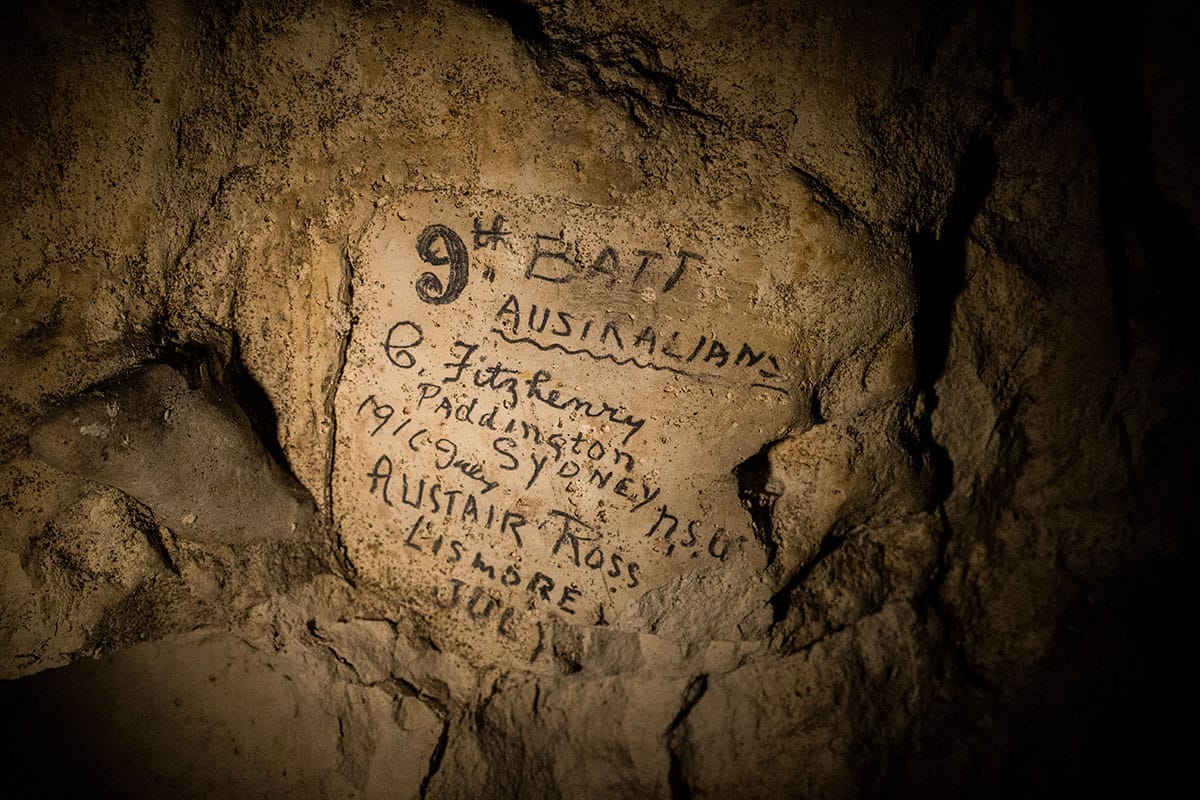 WWI soldiers inscriptions in the subterranean city at Naours  Bocage Hallue. Terms of Use: These photos are for one-time use, limited to professional media outlets and blogs, in connection with an accompanying story about Jeffrey Gusky, his work and WW1-related discoveries. Stories appearing during the license period may be archived online by the media outlet or blog who published the story. This image is a low resolution version of the original. Higher resolution images are available by special arrangement with the artist. This image may not be modified and may not be used commercially except with a commercial license. This image is not available under any Creative Commons license. Copyright (c) 2015 Jeffrey Gusky. All Rights Reserved. Jeffrey Gusky, c/o attorney at P.O. Box 2526, Addison, TX 75001-2526. photos@jeffgusky.com.