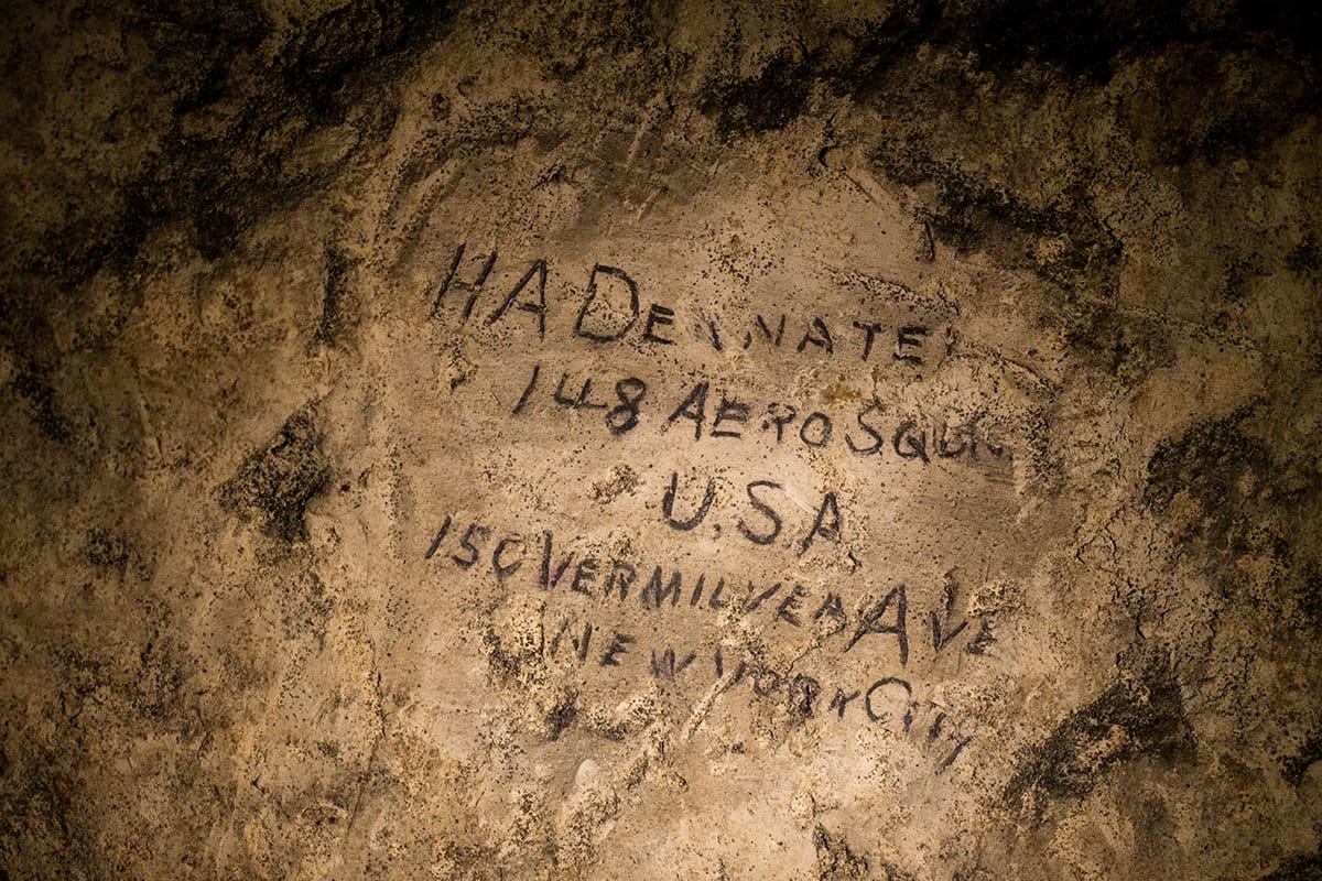 WWI soldiers inscriptions in the subterranean city at Naours  Bocage Hallue. Terms of Use: These photos are for one-time use, limited to professional media outlets and blogs, in connection with an accompanying story about Jeffrey Gusky, his work and WW1-related discoveries. Stories appearing during the license period may be archived online by the media outlet or blog who published the story. This image is a low resolution version of the original. Higher resolution images are available by special arrangement with the artist. This image may not be modified and may not be used commercially except with a commercial license. This image is not available under any Creative Commons license. Copyright (c) 2015 Jeffrey Gusky. All Rights Reserved. Jeffrey Gusky, c/o attorney at P.O. Box 2526, Addison, TX 75001-2526. photos@jeffgusky.com.
