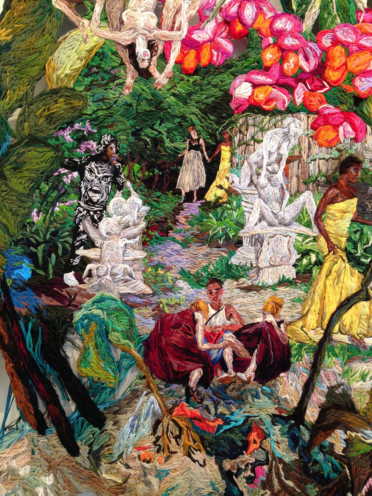 Detail of Sophia Narrett's "Stars Align" (2014), embroidery thread and fabric, 53 x 33 in (photo by the author for Hyperallergic) (click to enlarge)