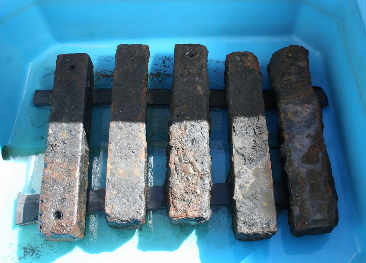 Iron ballast from the São José slave ship wreck. The blocks were used to weigh down slave ships which had lighter weights than other cargo ships. (courtesy Iziko Museums)