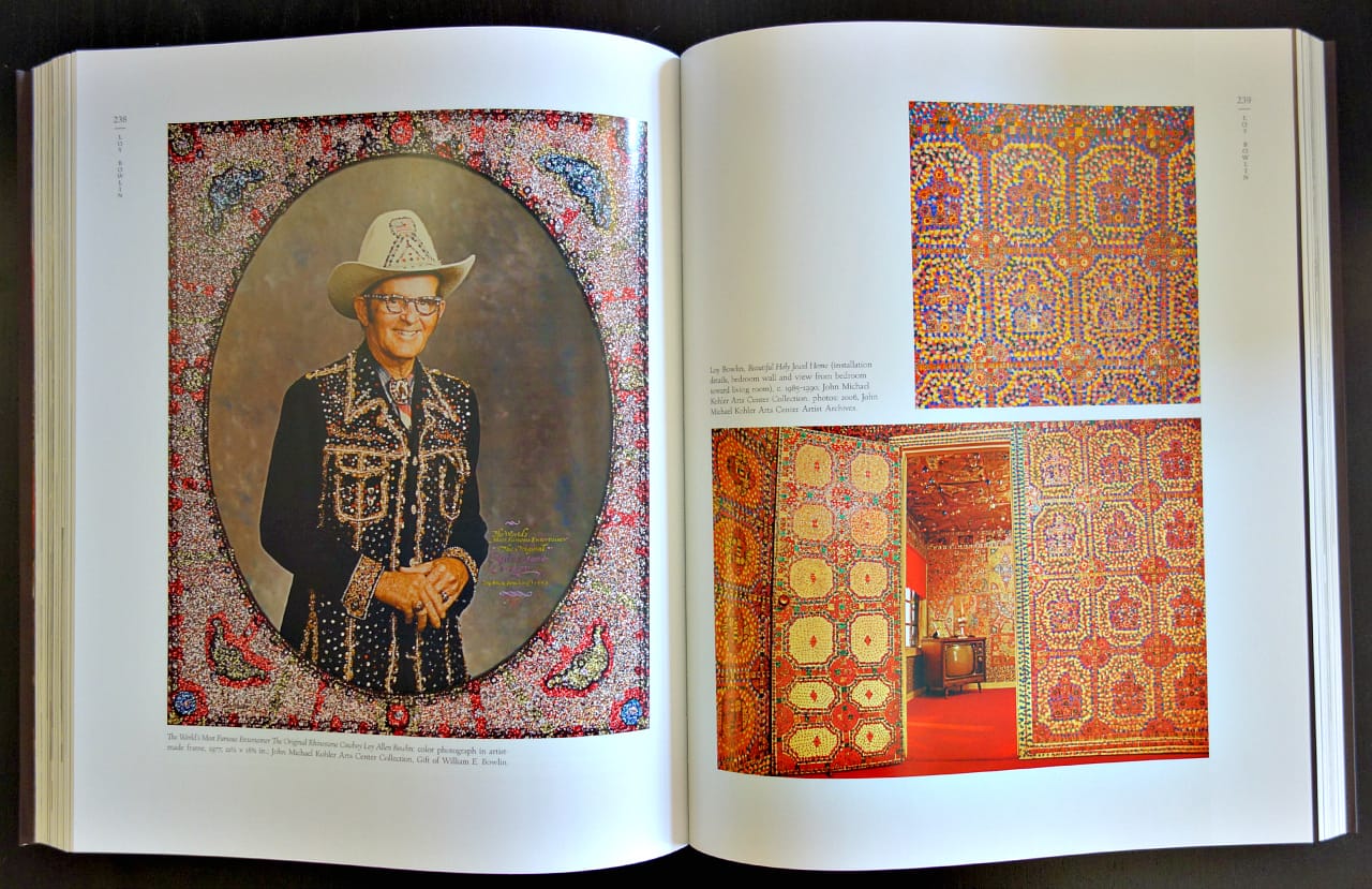 Loy Bowlin in 1977 and views of his home in 'Sublime Spaces & Visionary Worlds' (photo of the book for Hyperallergic)