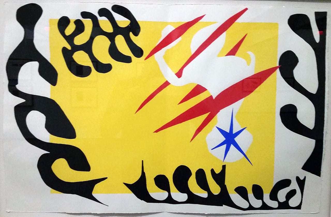 Henri Matisse: Jazz, The Nightmare of the White Elephant/The Clown, pochoir plates and lithographic text (1947) (photo by the author for Hyperallergic)