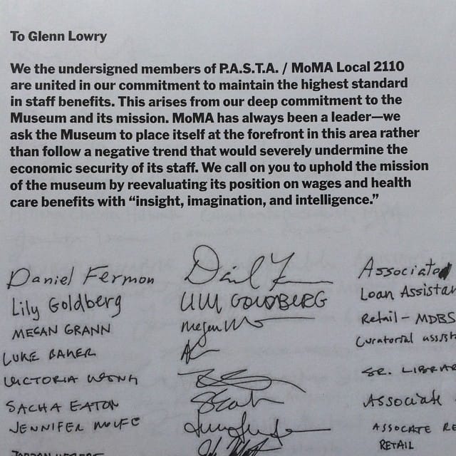 The open letter MoMA's Local 2110 members delivered to museum director Glenn Lowry this morning. (photo by MoMA Local 2110/Instagram)