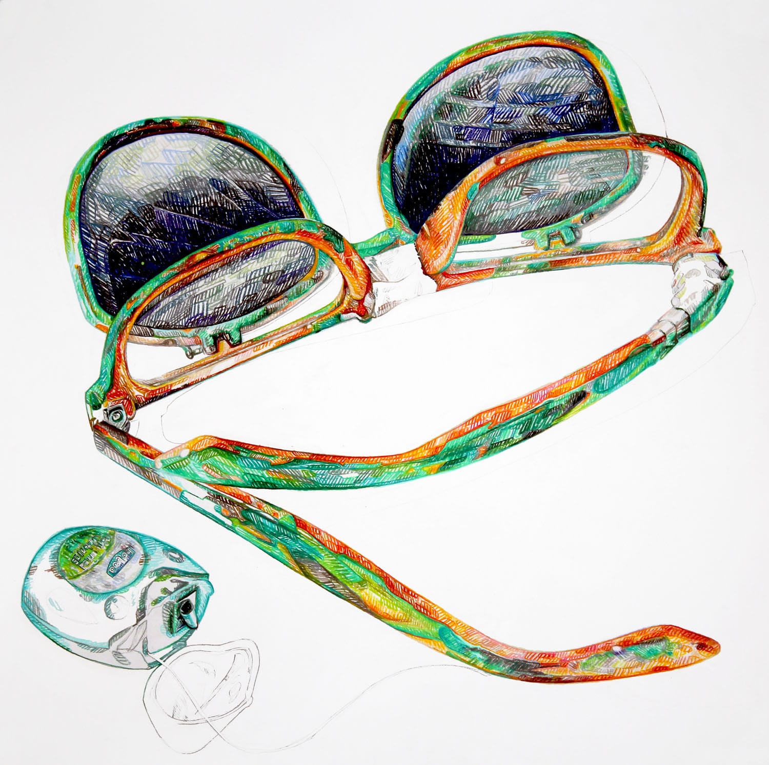 Maya Suess, "Survivalist Objects (Glasses)" (2014), colored pencil, graphite on paper20" x 20" (click to enlarge)