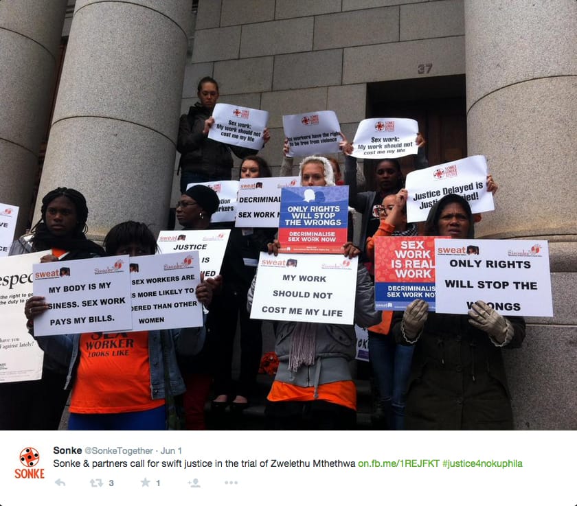 Protesters outside Zwelethu Mthethwa's trial last week (screenshot via Twitter)