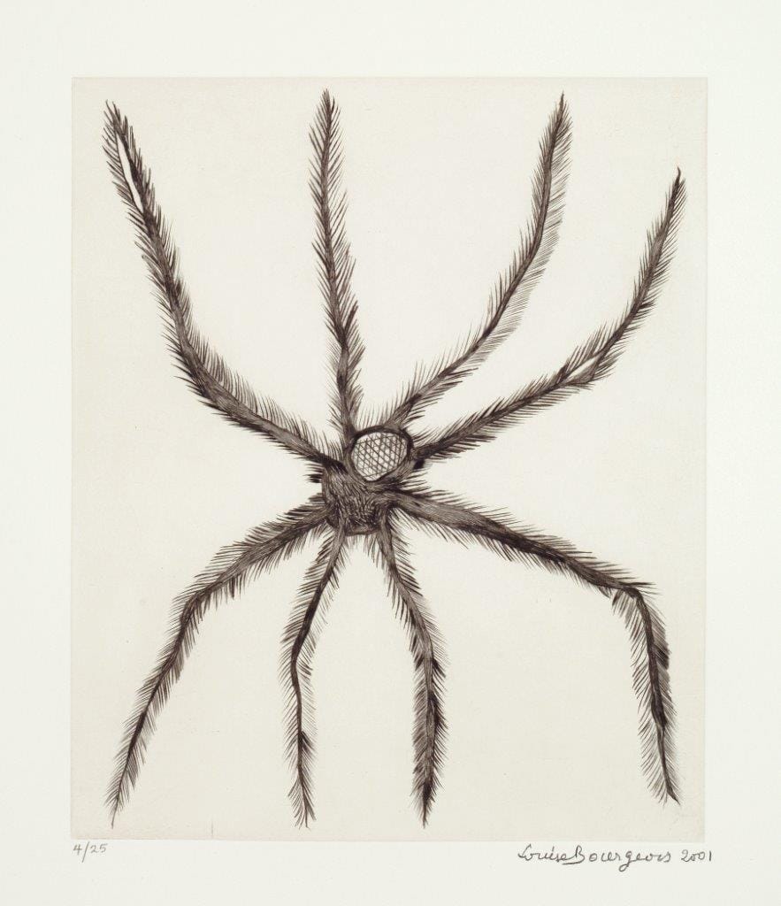Louise Bourgeois, "Hairy Spider" (2001), drypoint on paper, 19 x 16 in. (on loan from the Holladay Collection; Art © The Easton Foundation/Licensed by VAGA New York; photo by Lee Stalsworth)