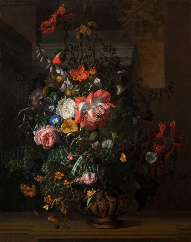 Rachel Ruysch, "Roses, Convolvulus, Poppies, and Other Flowers on a Stone Ledge" (late 1680s), oil on canvas, 42 1/2 x 33 in. (National Museum of Women in the Arts, gift of Wallace and Wilhelmina Holladay)