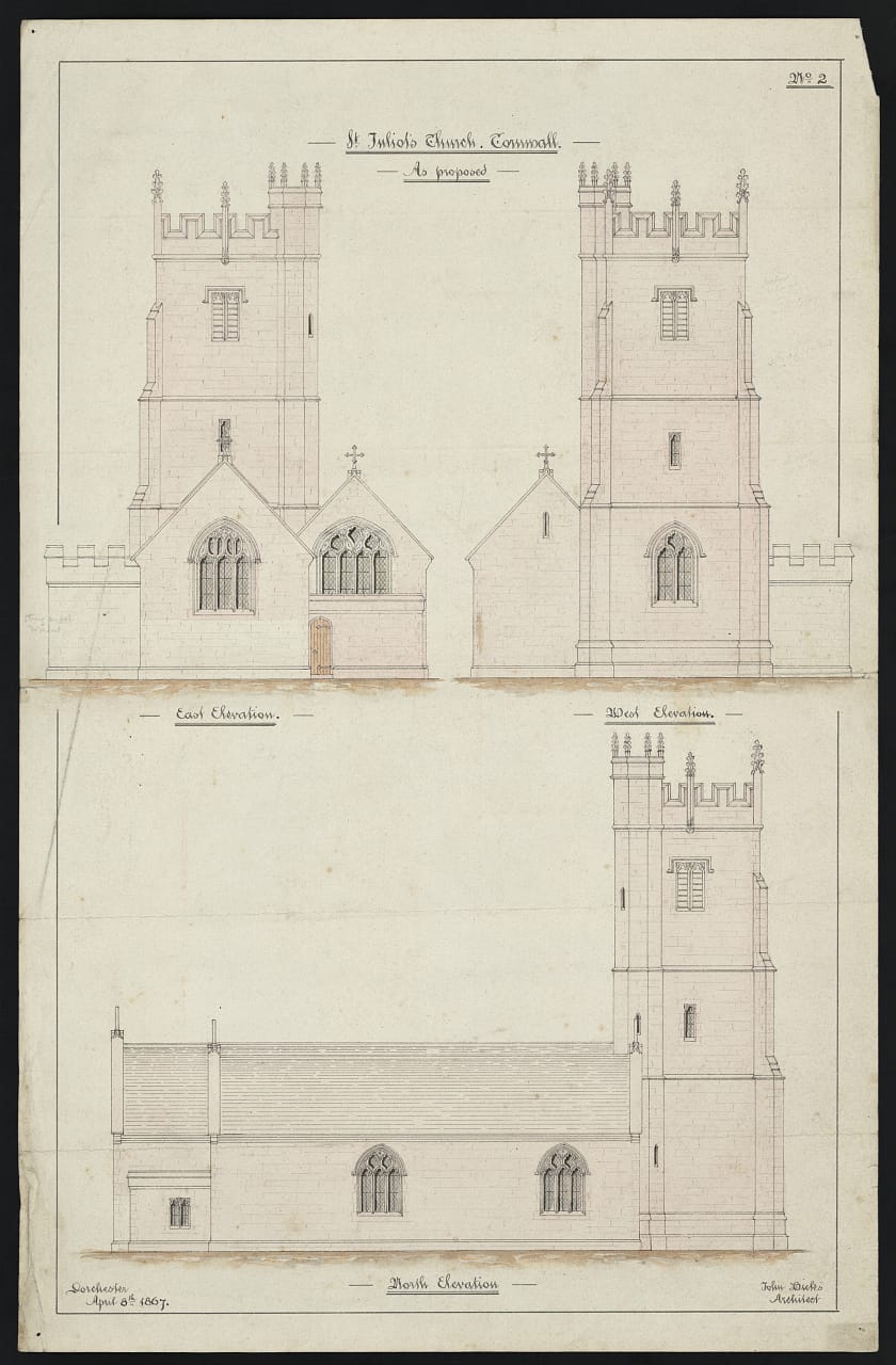 Architectural drawing of St. Juliot's Church in Cornwall by Thomas Hardy (April 8, 1867)