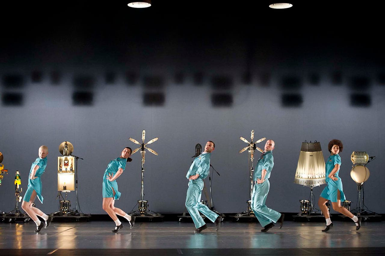 From Left to Right Musical instruments by Maywa Denki, with dancers (left to right) Alisahka Hilsum, Margalida Riera Roig, Gael Rougegrez, Yann Hervé, and Emilie Camacho© Laurent Philippe