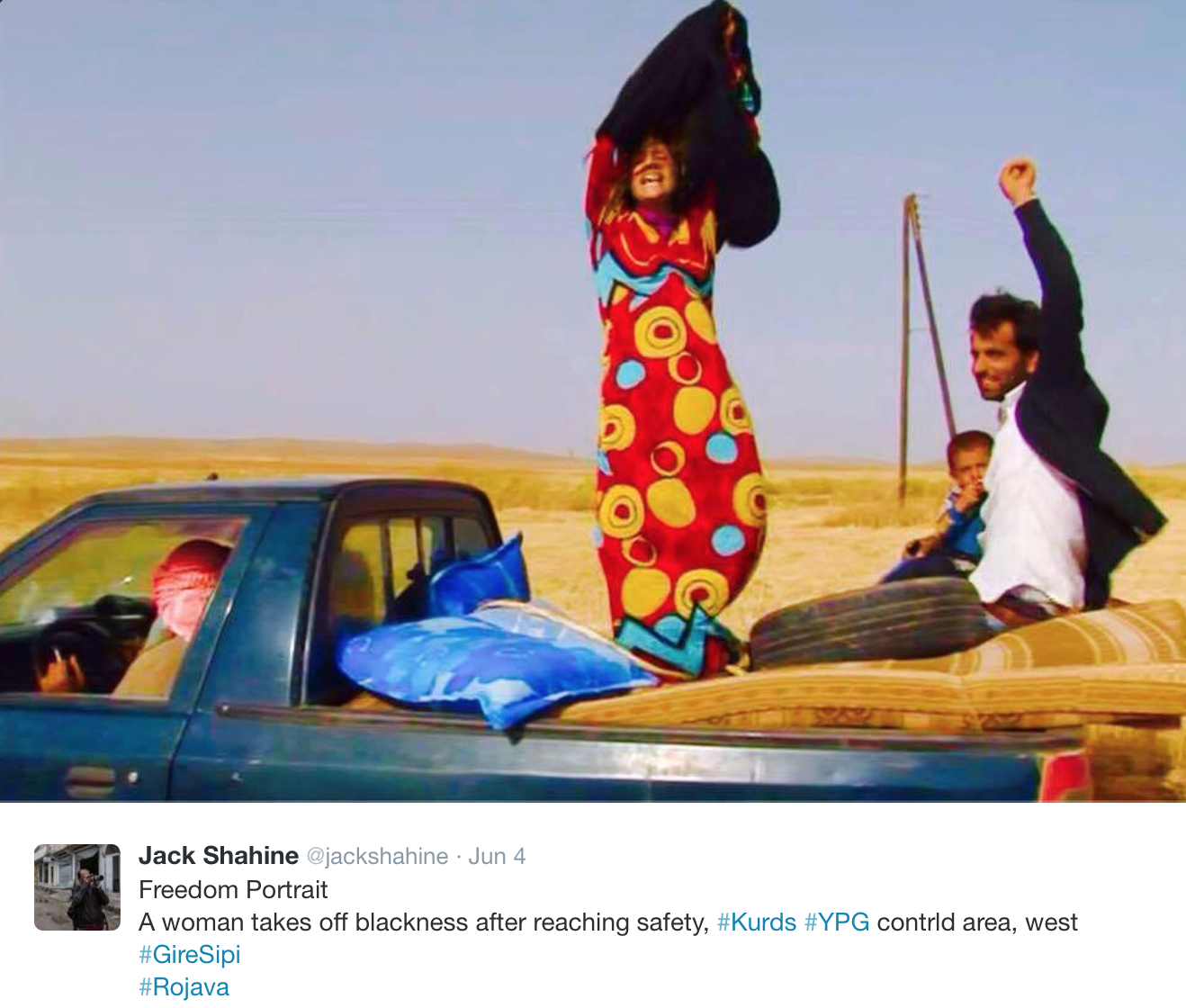 Jack Shahine has coined the  term "Freedom Portrait: for women who leave ISIS-controlled territory and tear off the imposition of conservative black coverings. (via @jackshahine)