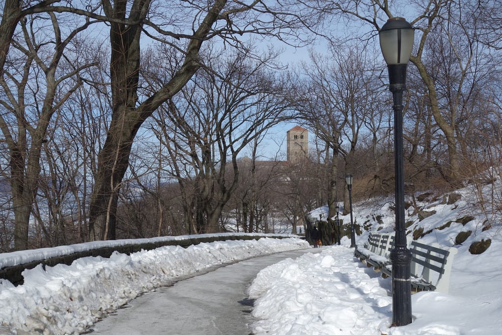 View to the Cloisters in Fort Tryon Park (photo by the author for Hyperallergic)