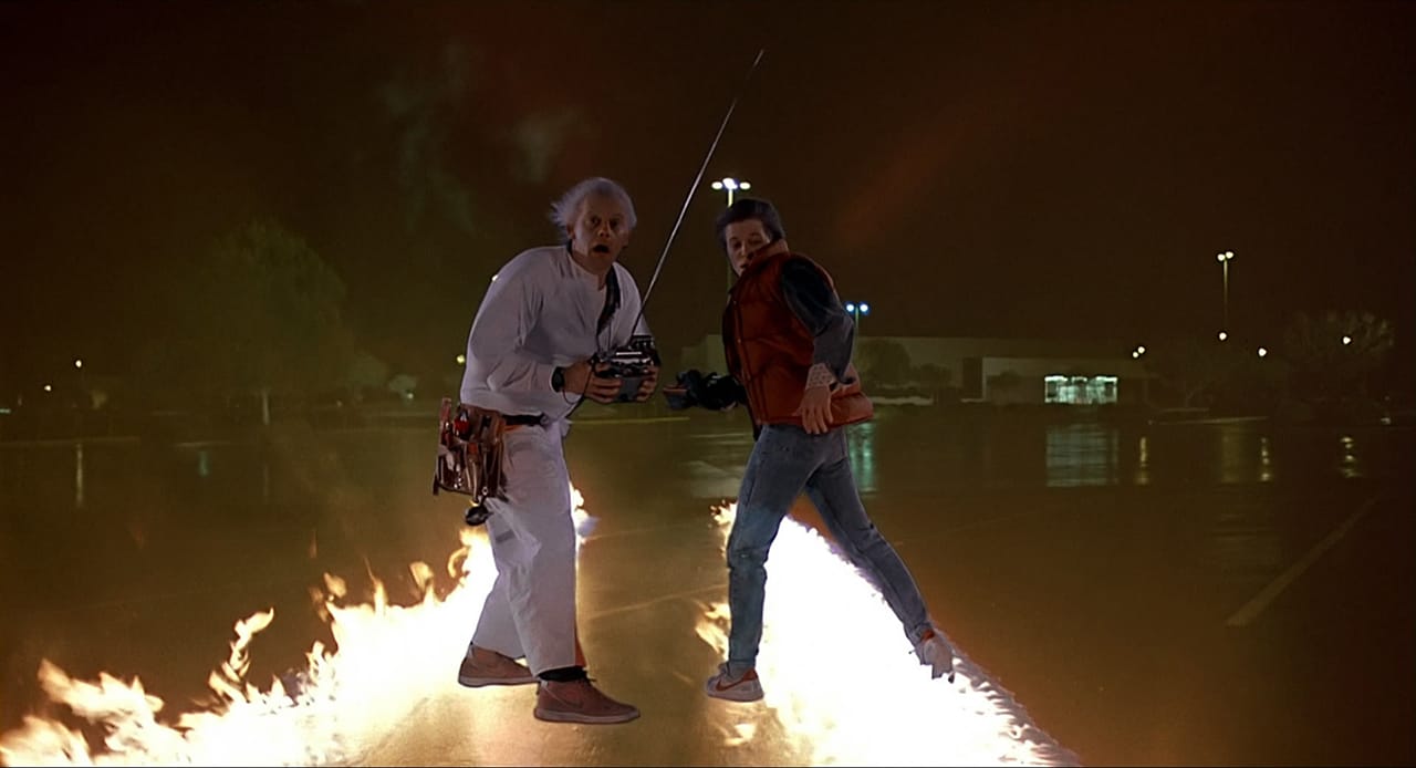 Doc and Marty just after the test run, 1985 (image via moeatthemovies.com) (click to enlarge)