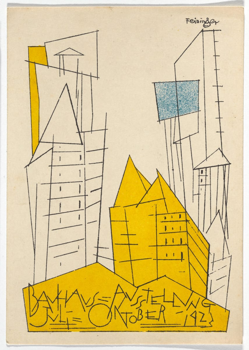Lyonel Feininger, "Bauhaus Ausstellung Weimar Juli–Sept, 1923, Karte 1" (1923), lithograph, 5 7/8 × 3 15/16 inches