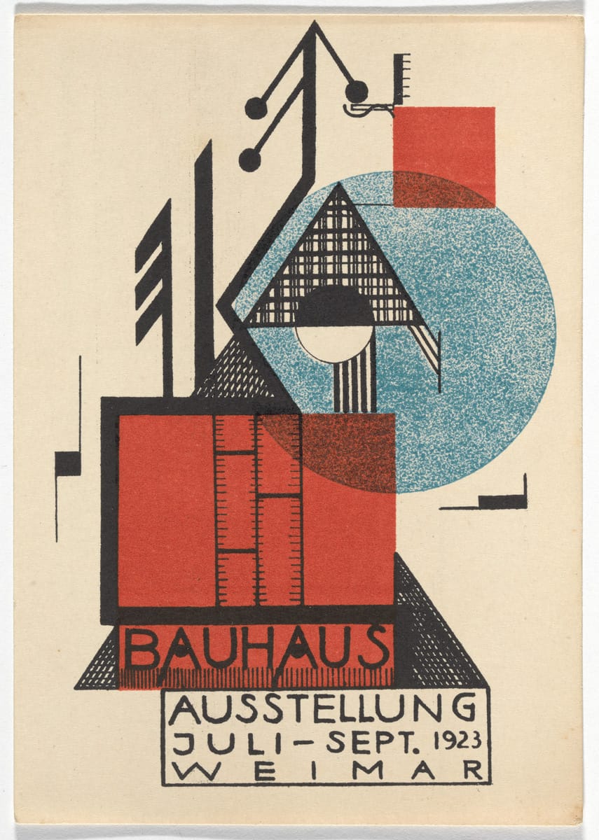 Rudolf Baschant, "Bauhaus Ausstellung Weimar Juli–Sept, 1923, Karte 9" (1923), lithograph, 5 7/8 × 3 15/16 inches
