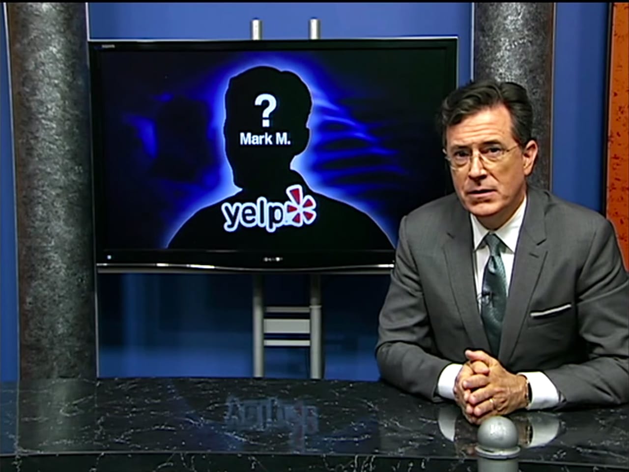 Stephen Colbert addressing a local Yelp review controversy on 'Only In Monroe'