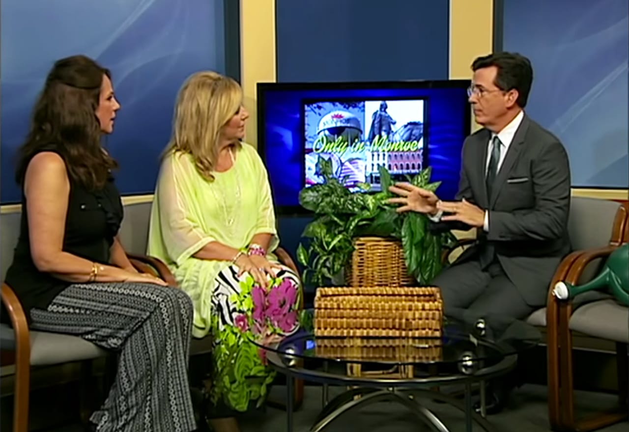 Stephen Colbert interviewing 'Only In Monroe' co-hosts Michelle Bowman and Kaye Lani Rae Rafko Wilson