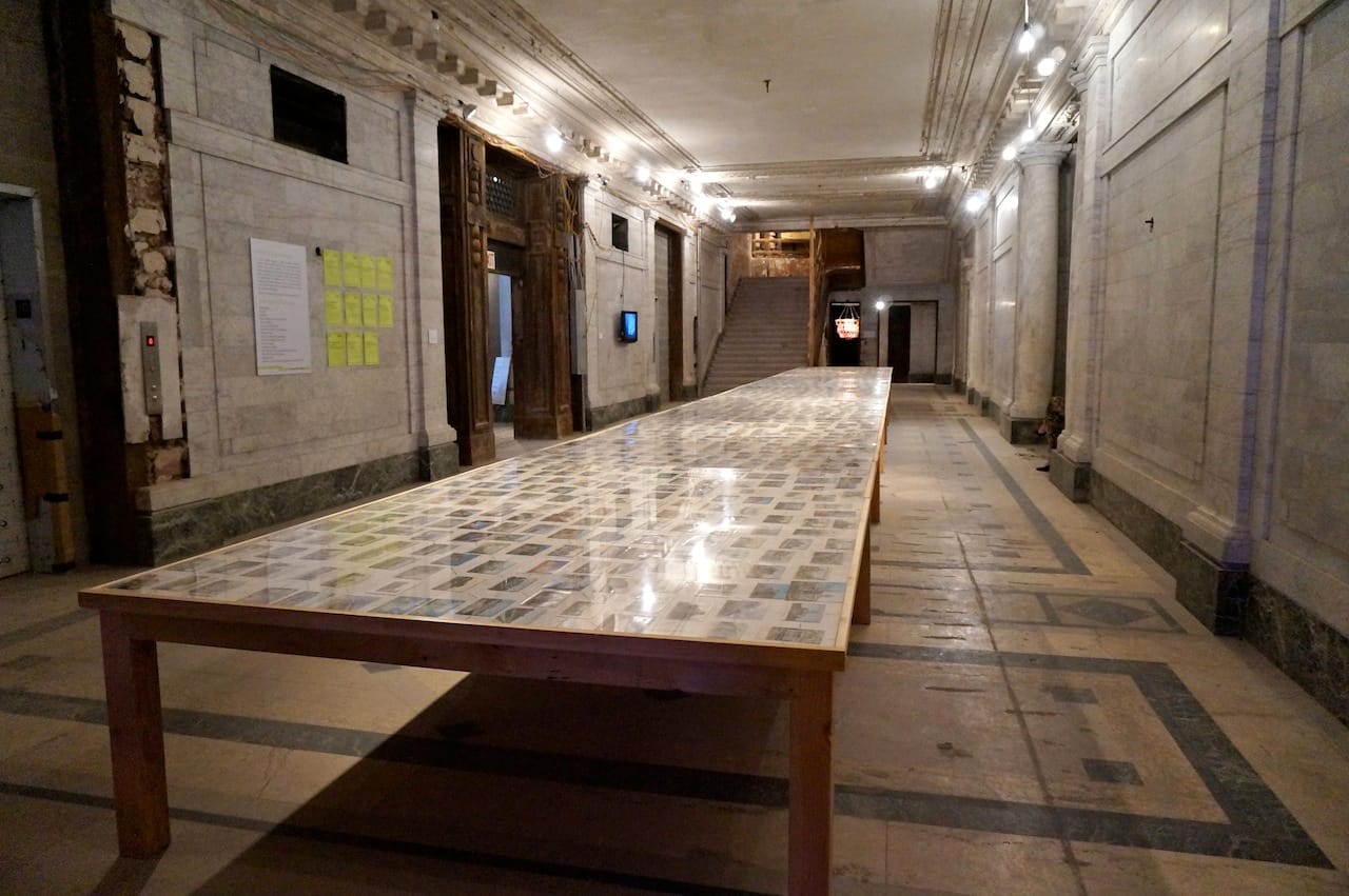 Ground floor of the courthouse, with Ellen Harvey's "The Pillar-Builder Archive" (2013) on the table