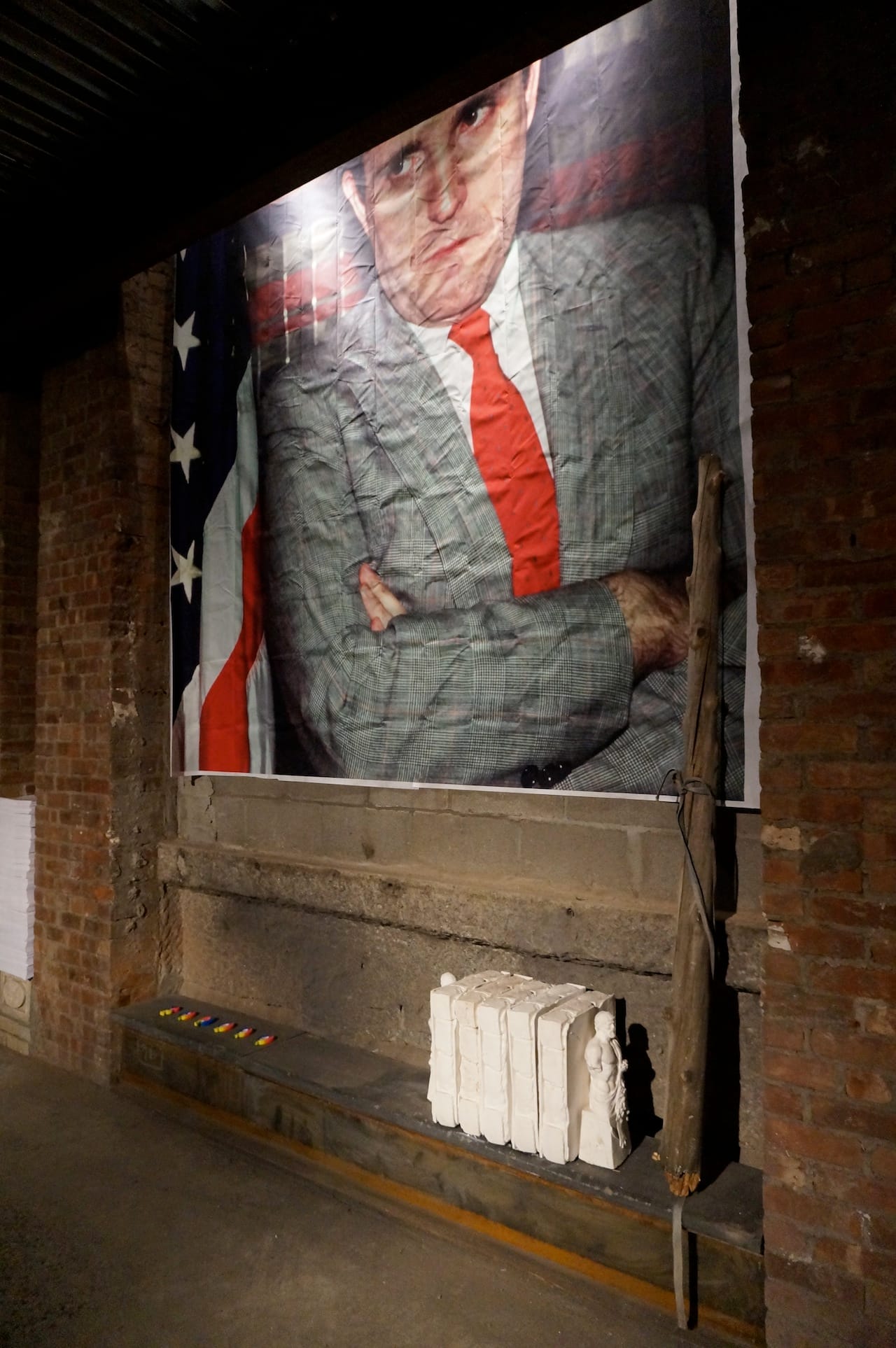 Onyedika Chuke, detail of "Untitled" (2015), concrete blocks, wall drawing, papier-mâché (click to enlarge)