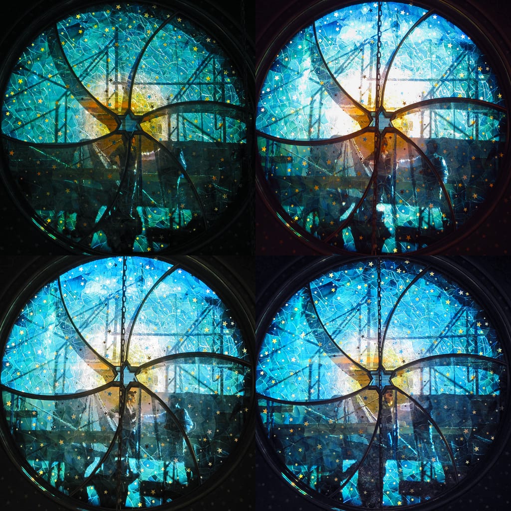 Different views of the stained glass window created by Kiki Smith and Deborah Gans at the Eldridge Street Synagogue (photo by H.L.I.T., via Flickr)