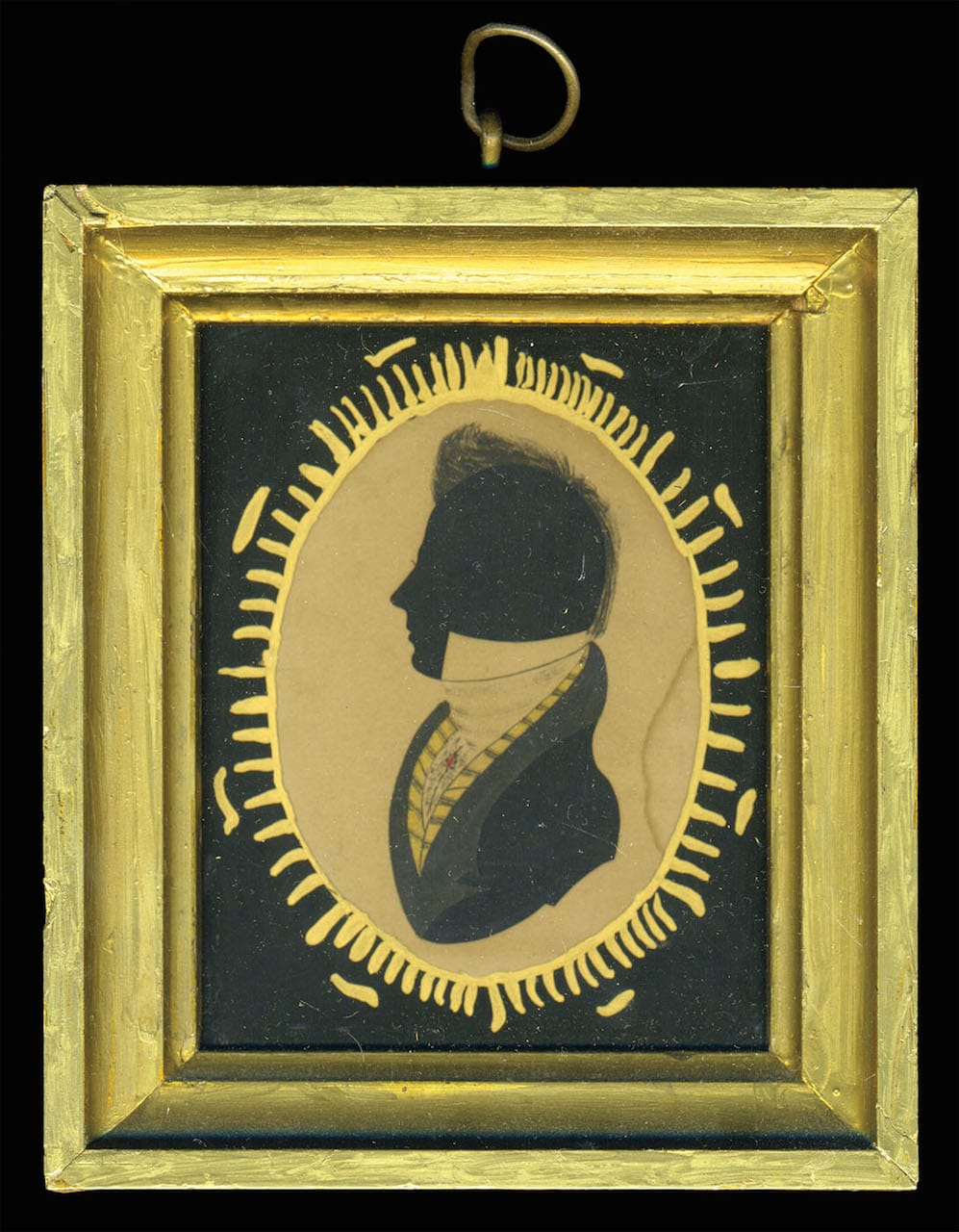 19th-century hollow-cut silhouette, attributed to William Chamberlain (Loudon, NH, 1790-1860), watercolor striped vest with red stick pin, pen and ink hairdo, fancy eglomise oval glass, reframed in gilt period frame