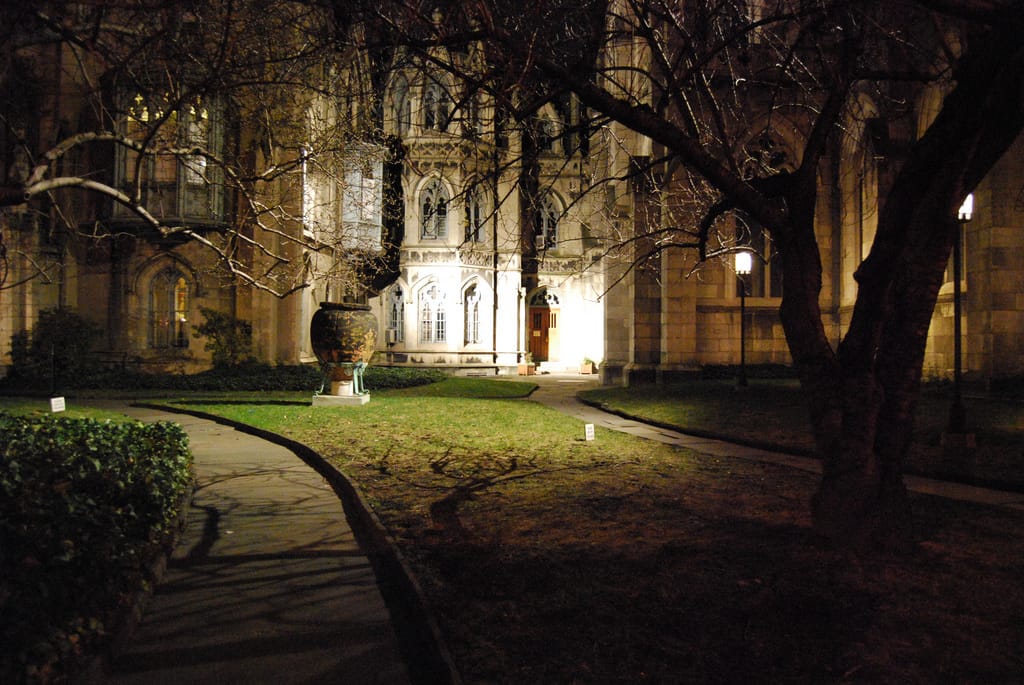 The Roman urn on the lawn of Grace Church at night in 2008 (photo by Kelly McCarthy, via Flickr)