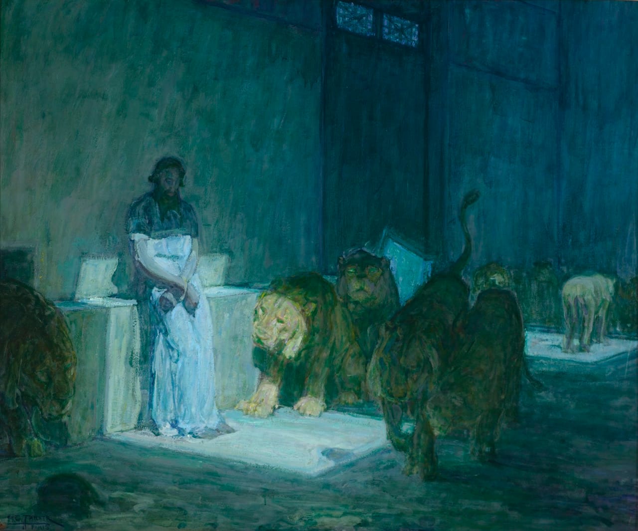 Henry Ossawa Tanner, "Daniel in the Lions' Den" (1907–18) (Mr. and Mrs. William Preston Harrison Collection, Los Angeles County Museum of Art, via Wikimedia Commons)