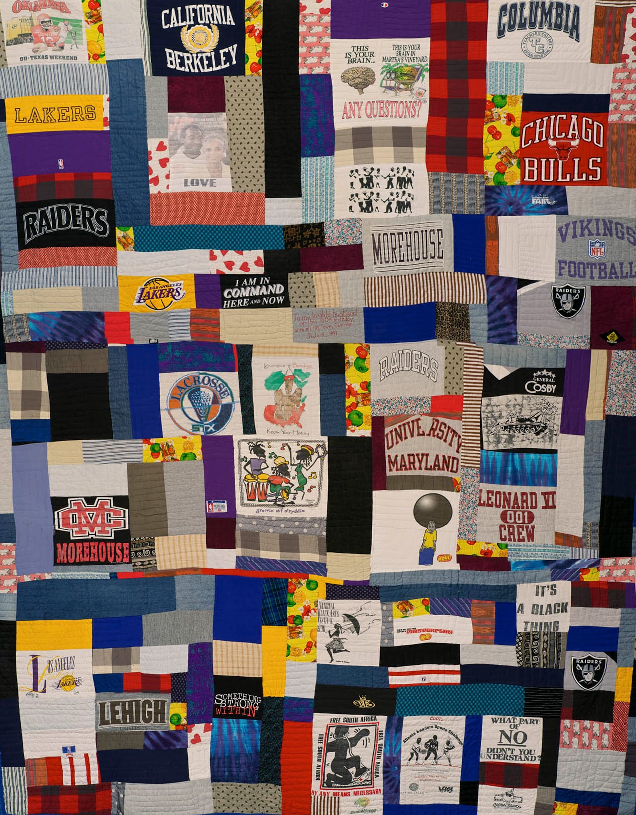 Crossroads Quilters, "The Ennis Quilt" (1997), collected scrap fabric, Ennis Cosby’s clothing, 370.8 x 294.8 cm (146 x 116 in), Collection of Camille O. and William H. Cosby Jr. (photo by Jerry Thompson)