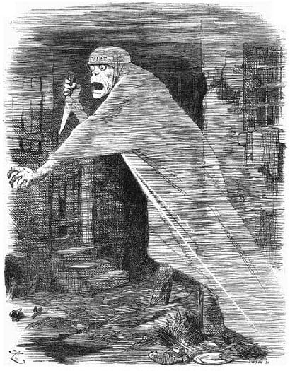 Jack the Ripper depicted as a phantom in "Nemesis of Neglect," a 1888 cartoon (image via Wikipedia) (click to enlarge)