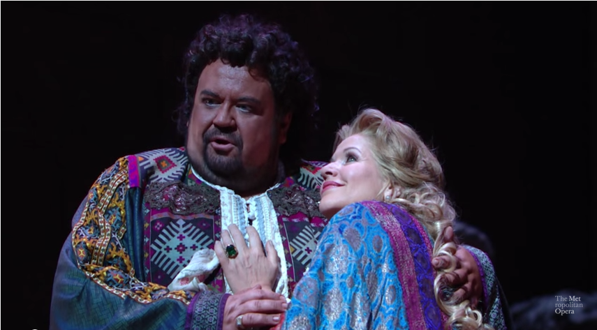 Johan Botha "blacked up," singing "Già nella notte densa" from Verdi's 'Otello,' with Renée Fleming at the Met Opera (screenshot via YouTube)