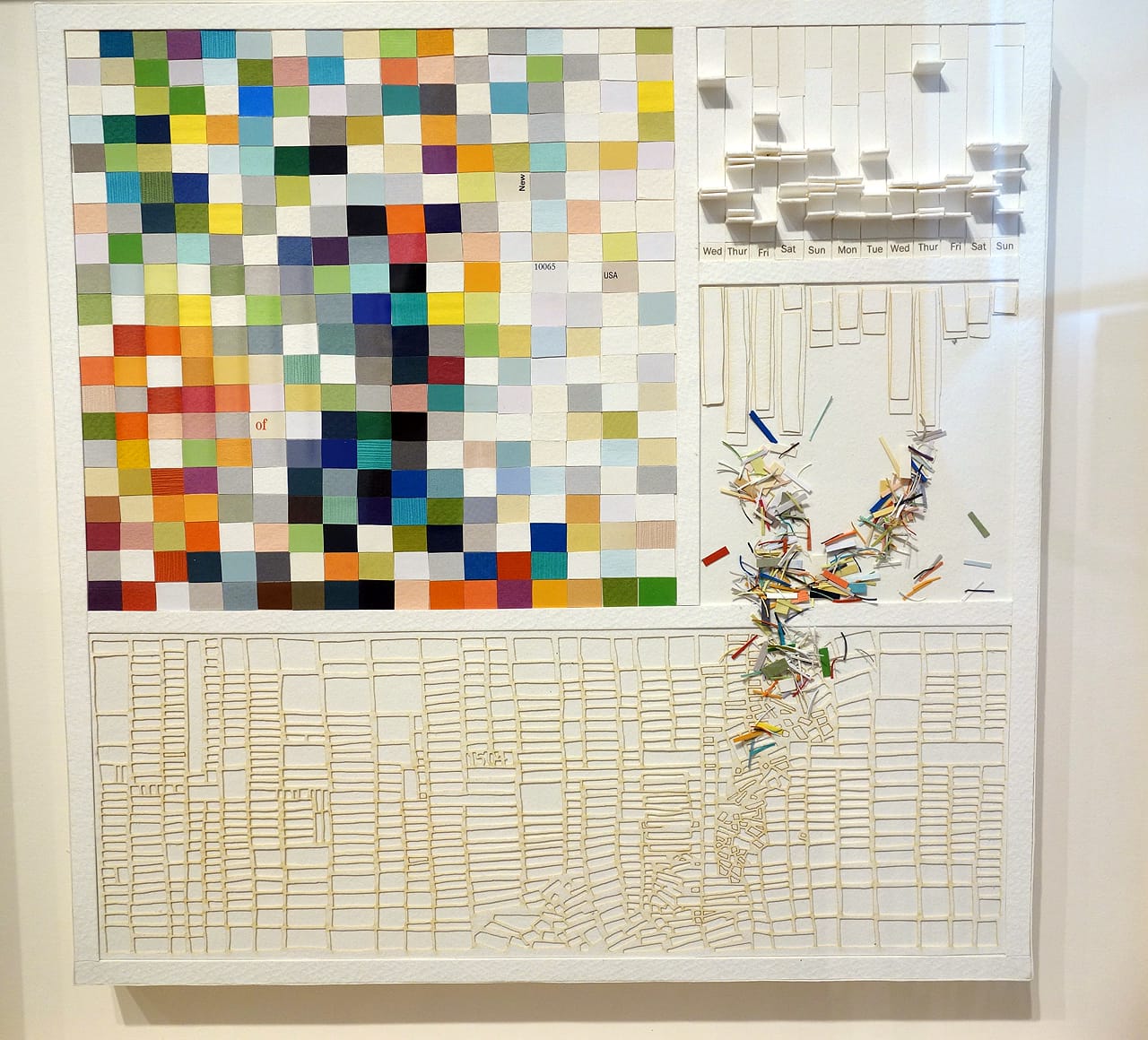 Laurie Frick, "Dashboard 8" (2014), cut, faded, and lasercut paper on panel. Self-tracking data (mood, sleep, heart-rate, upset stomach, email), 12 x 12 inches