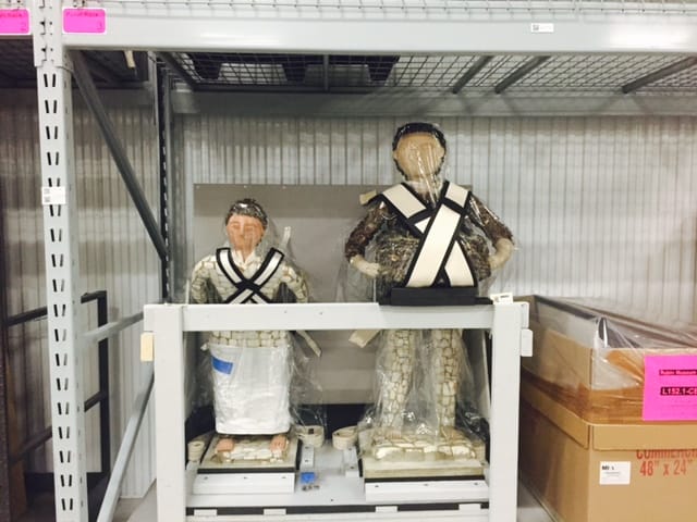 Two of Nek Chand's sculptures under conservation at the Rubin’s off-site storage facility (courtesy Rubin Museum of Art)