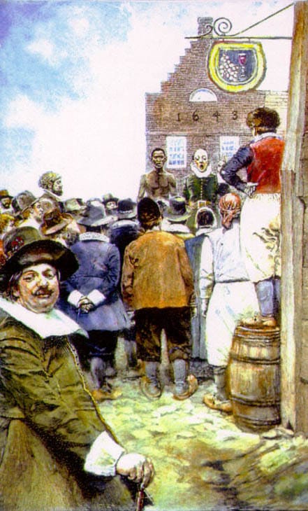 The New York City slave market in New Amsterdam in 1655 (illustration by Howard Pyle from 1917, via Wikimedia)