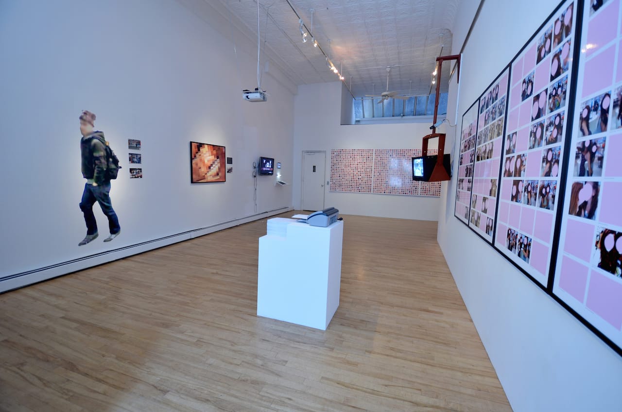 Left to right: Paolo Cirio, "Street Ghosts" (2012); Willem Popelier, "Obscured Classified Document (Situation Room)" (2012); Paolo Cirio and Alessandro Ludovico, "Face to Facebook" (2011); Julia Scher, "Mothers Under Surveillance" (1993); Willem Popelier, "Showroom Girls 3" (2011) (photo courtesy: apexart)