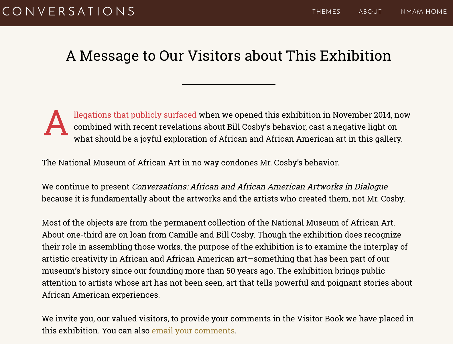 The new message regarding the Cosbys on the NMAI website (via conversations.africa.si.edu)