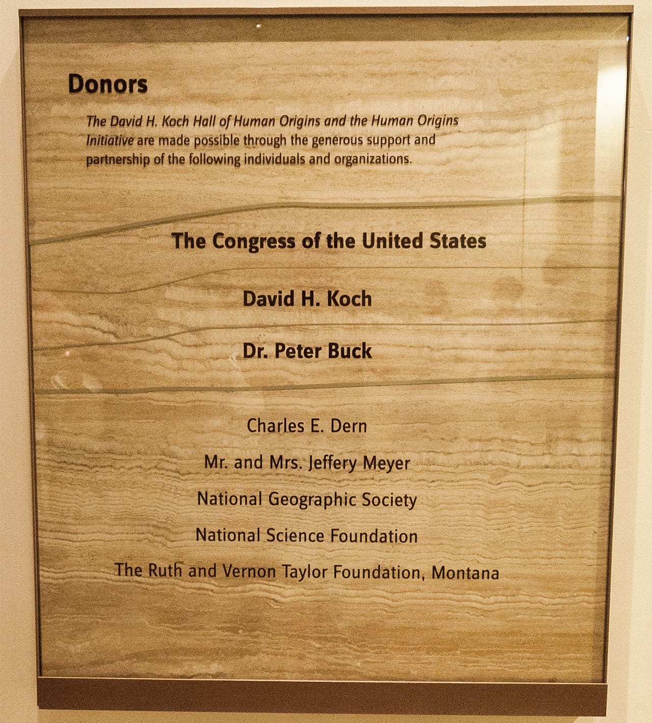 A wall panel acknowledging donors to the Hall of Human Origins at the Smithsonian National Museum of Natural History.