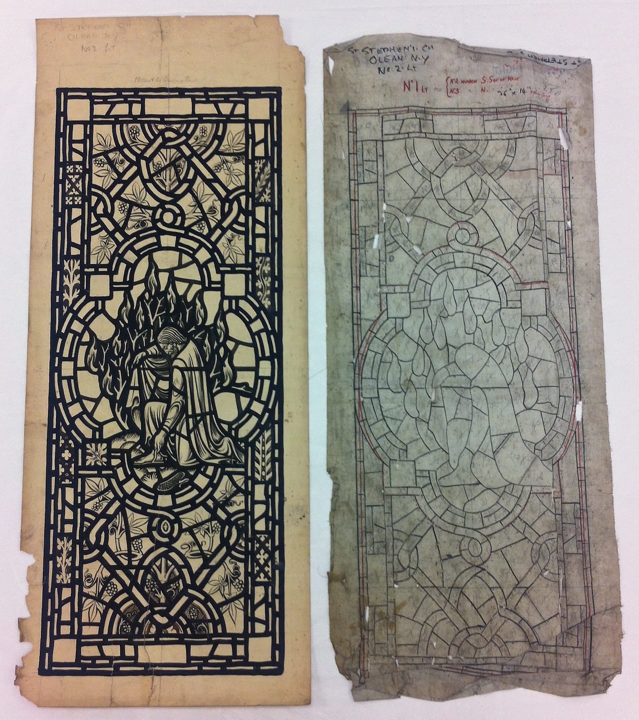 Cartoon of a stained glass window from St. Stephen's Church in Olean, NY  (left) and its tracing (right) (all photos courtesy Corning Museum)