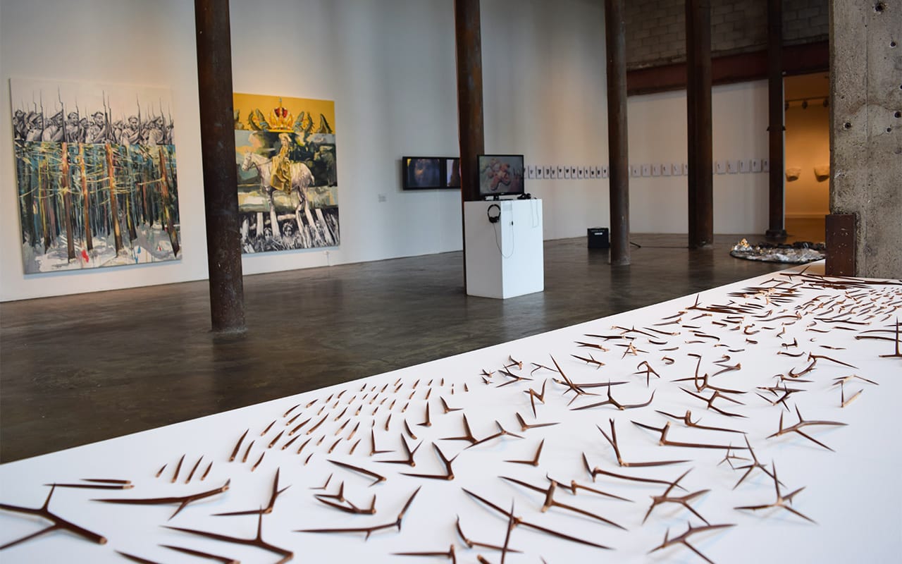 Installation view with Alisha Wessler, "After the Soldiers and Shrikes" (2015) in the foreground