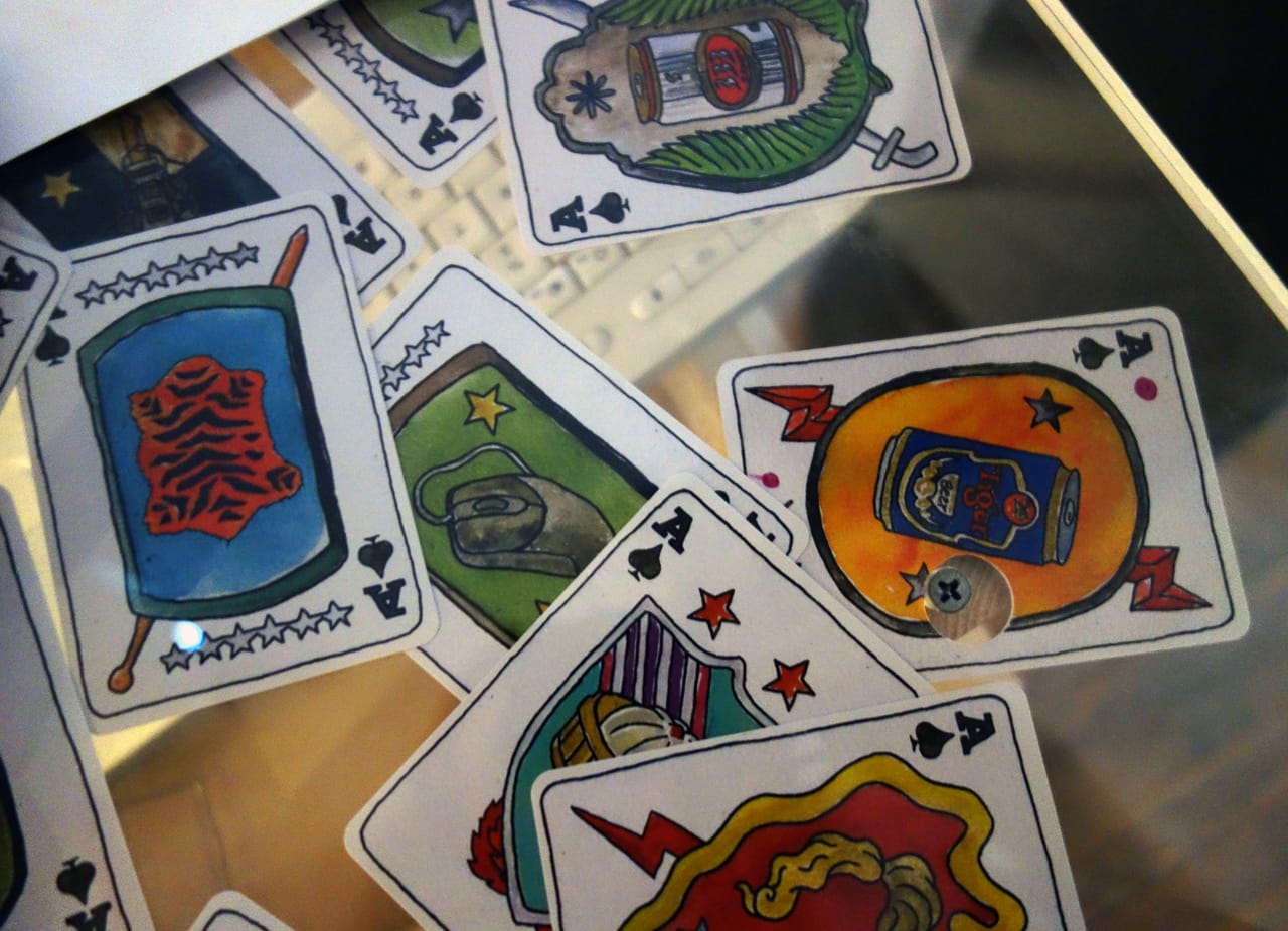 Cards from Eddo Stern's "Vietnam Romance" at Postmasters (photo by the author for Hyperallergic)