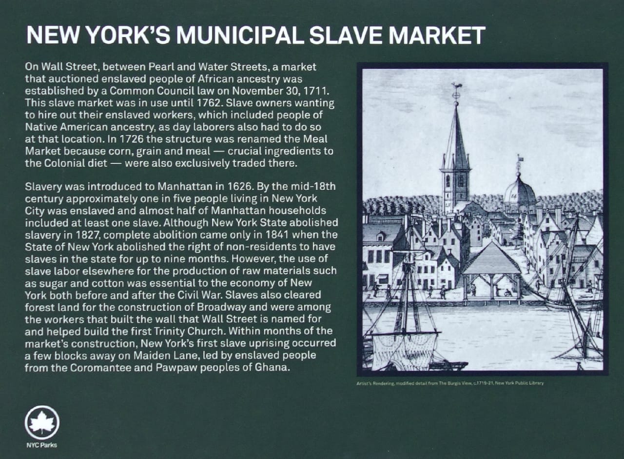 Detail of the plaque remembering the Wall Street Slave Market