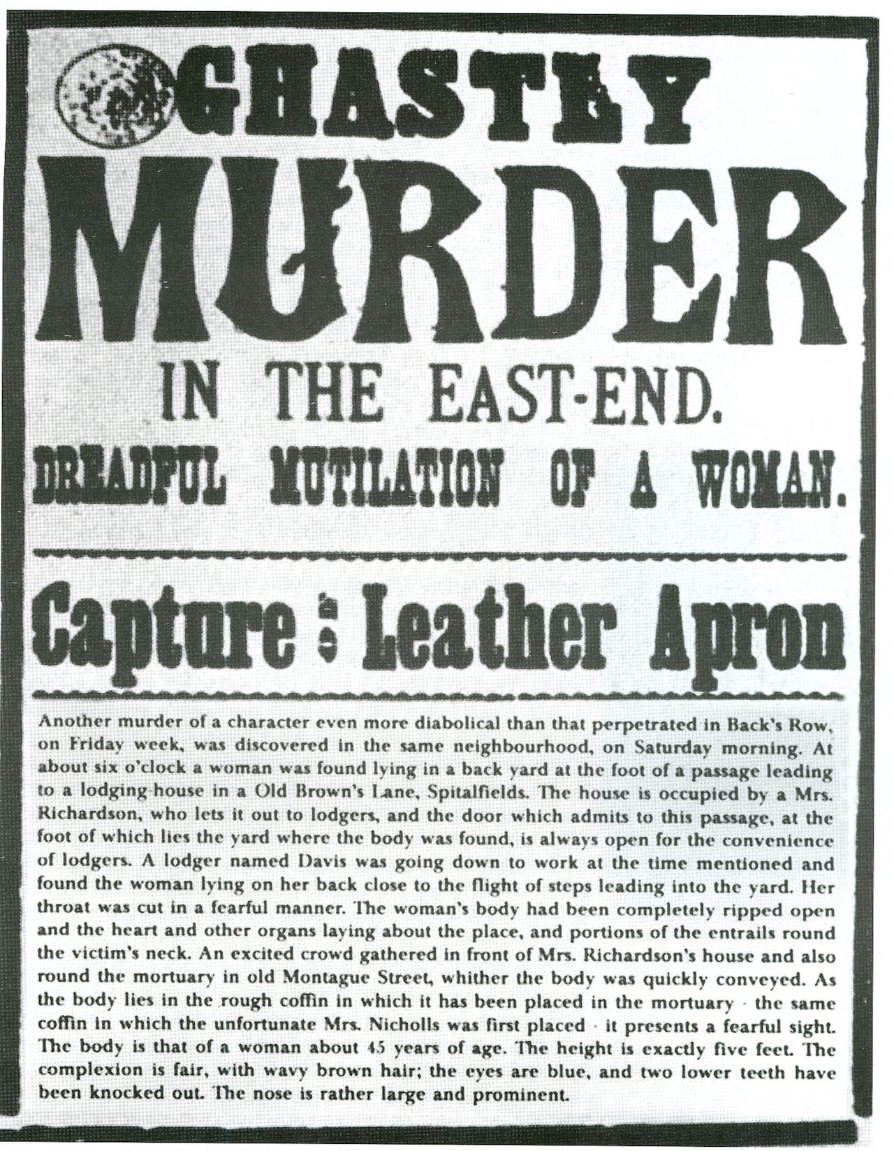 1888 newspaper broadsheet referring to the murderer as "Leather Apron" (image via Wikipedia) (click to enlarge)