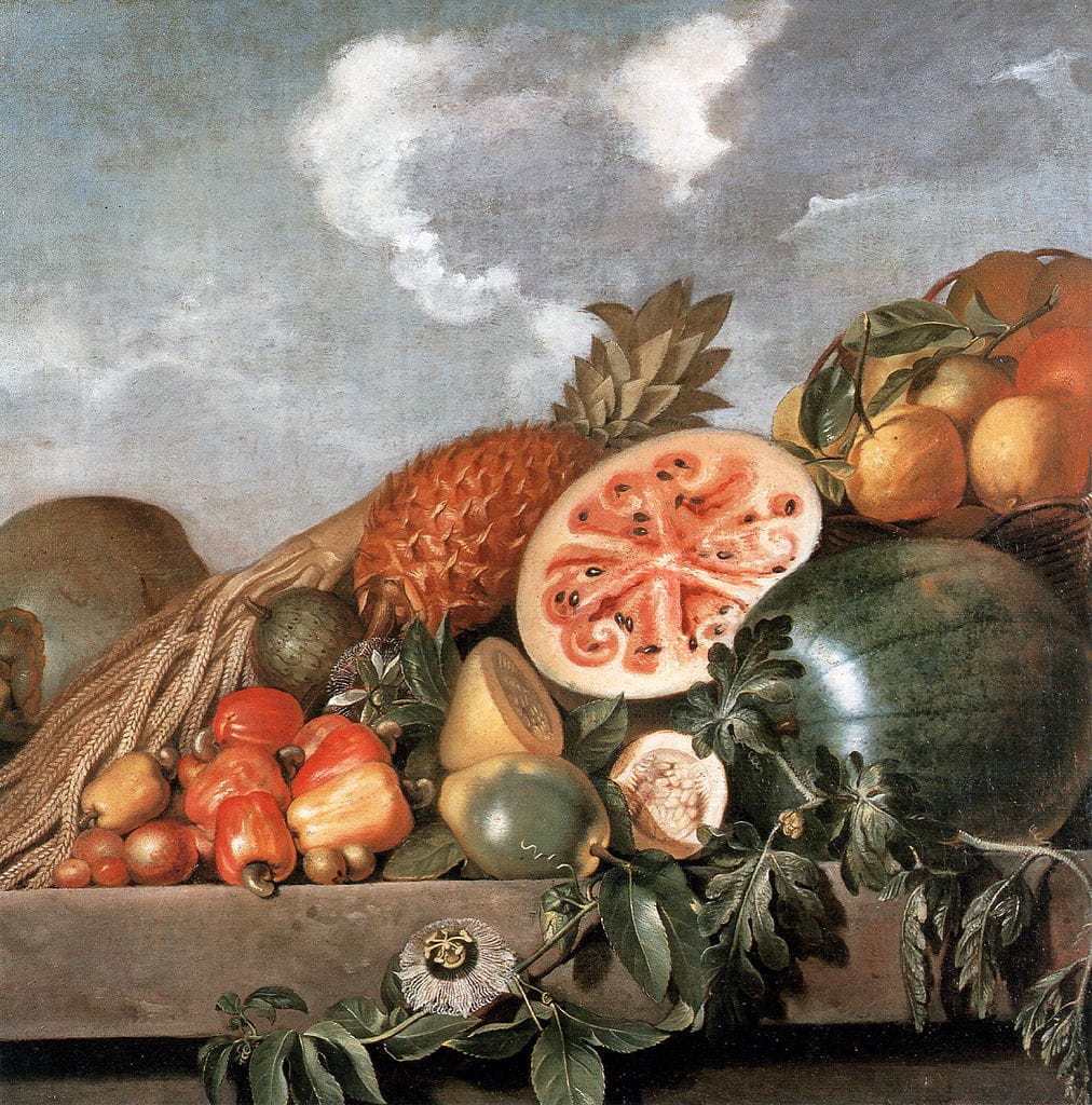 Albert Eckhout, "Pineapple, watermelons and other fruits (Brazilian fruits)" (17th century), oil on canvas (via National Museum of Denmark)
