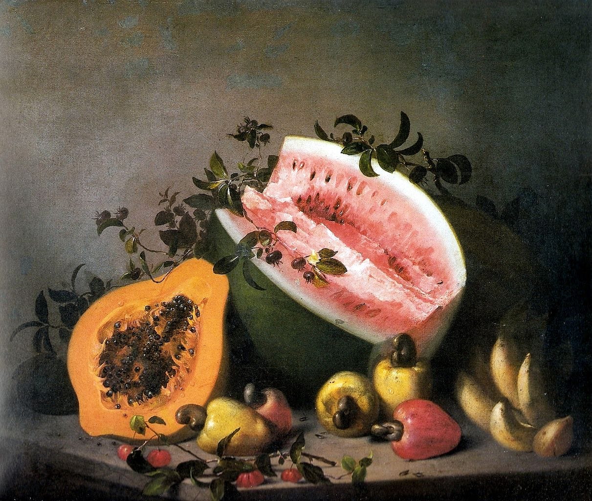 Agostinho José da Mota, "Papaya and watermelon" (1860), oil on canvas (via Museu Nacional de Belas Artes)