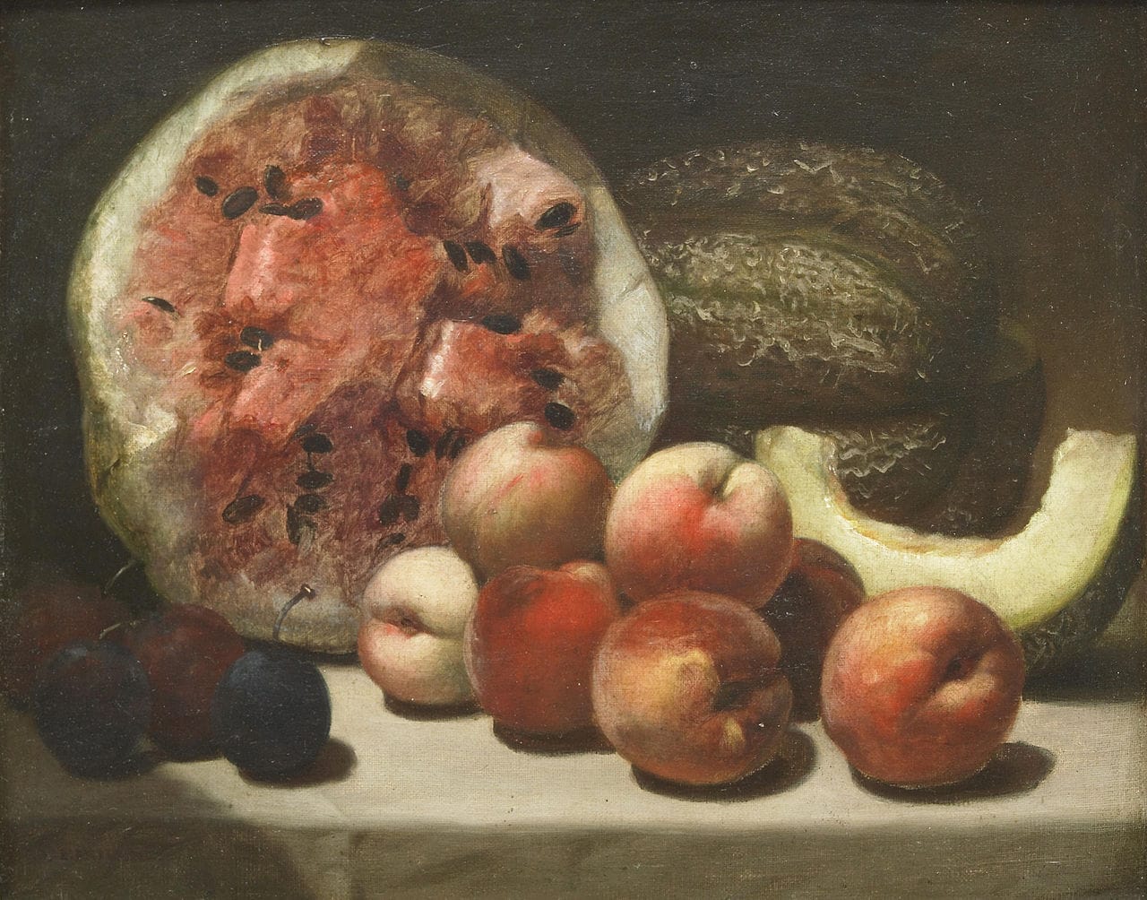 Alvan Fisher, "A Still Life with Watermelons and Peaches" (19th century), oil on canvas mounted on masonite (via Bonhams)