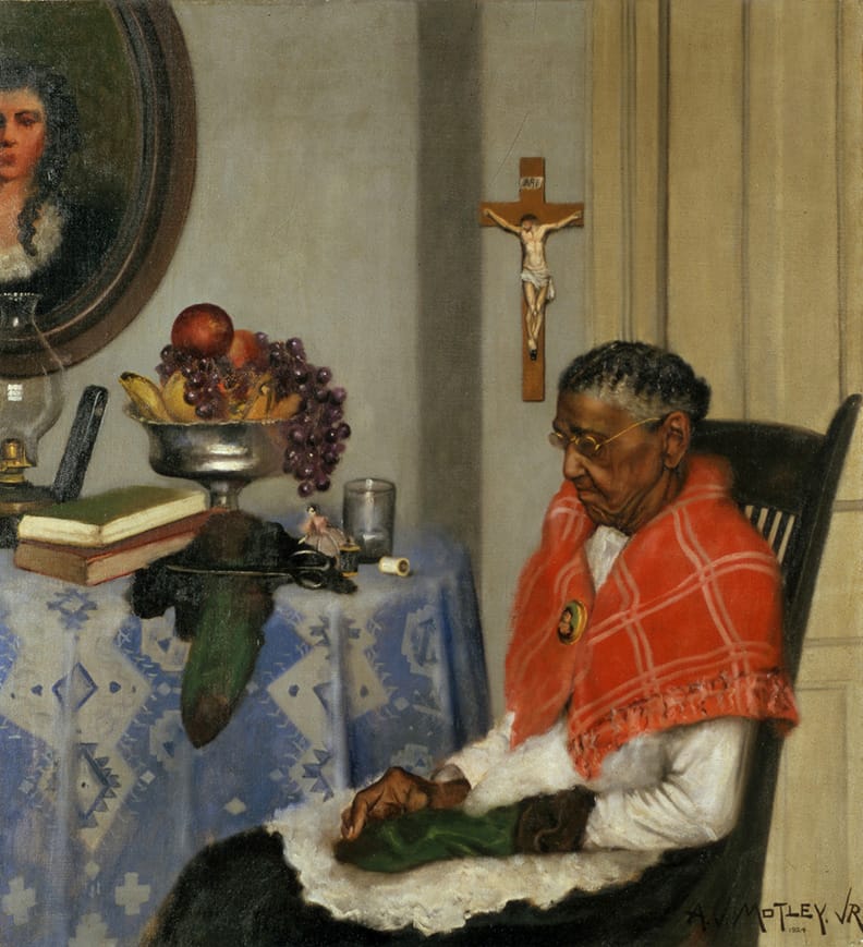 Archibald J. Motley Jr., Mending Socks, 1924. Oil on canvas, 43.875 x 40 inches (111.4 x 101.6 cm). Collection of the Ackland Art Museum, The University of North Carolina at Chapel Hill. Burton Emmett Collection, 58.1.2801. © Valerie Gerrard Browne. (via nasher.duke.edu)