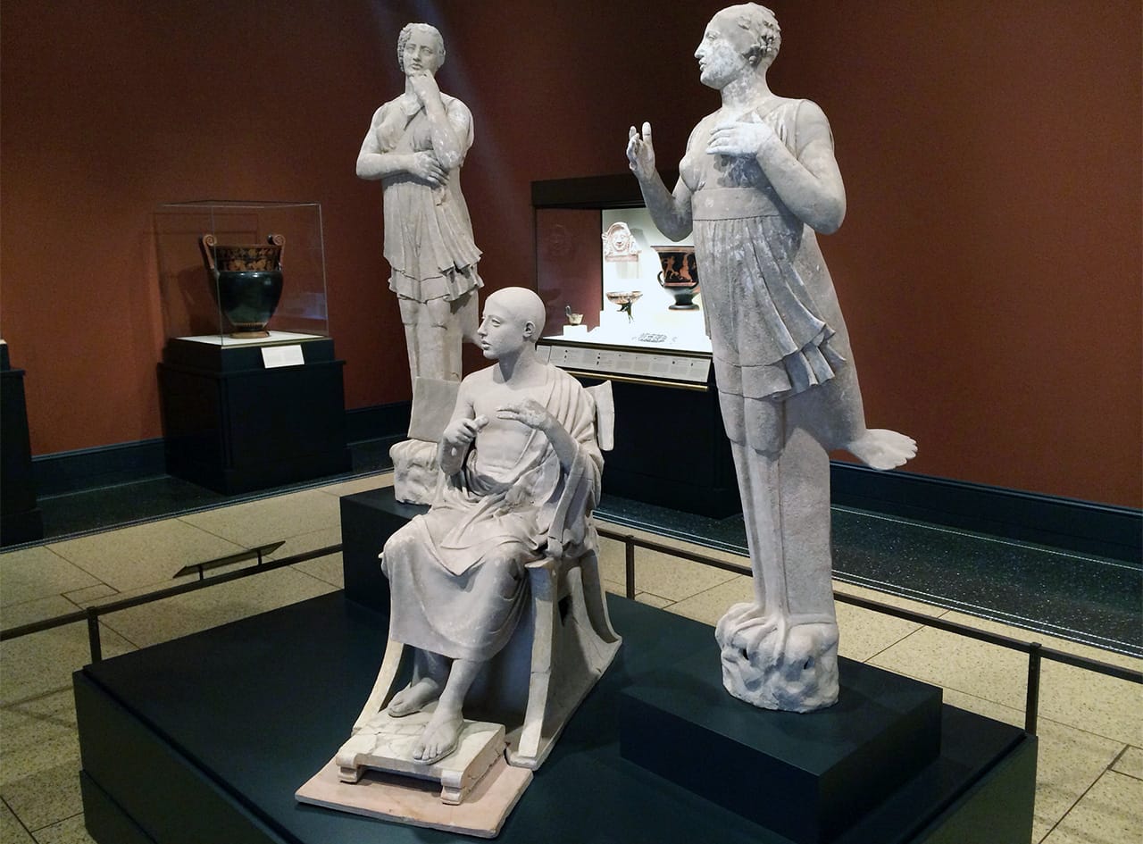 A classical sculpture group of Poet as Orpheus with Two Sirens at the Getty Villa in Malibu, CA. The Greek terracotta and pigment sculptures date from the 4th-century BCE and come from Southern Italy. (photo by Hrag Vartanian/Hyperallergic)