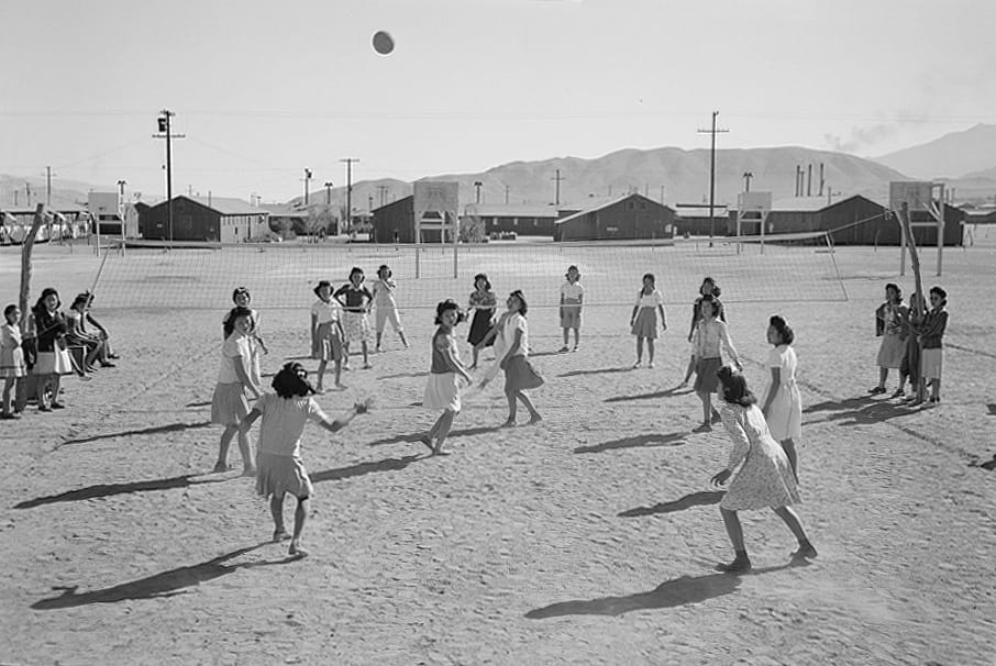 Ansel Adams, "Manzanar, CA, 1943" (1943).&nbsp;Sports clubs were massively popular in camps―80 baseball teams (https://research.archives.gov/id/538065?q=Dorothea%20Lange%20Manzanar%20baseball) formed in this camp’s first three months. A way to take one’s mind of things, such groups also imparted a sense of normalcy and fun. As on the outside, men’s sports were given greater legitimacy, but female incarcerees held their own in softball, basketball and volleyball, a game of which is shown (photograph by&nbsp;Ansel Adams, courtesy of the Library of Congress, Prints & Photographs Division [reproduction no.&nbsp;LC-DIG-ppprs-00166])&nbsp;