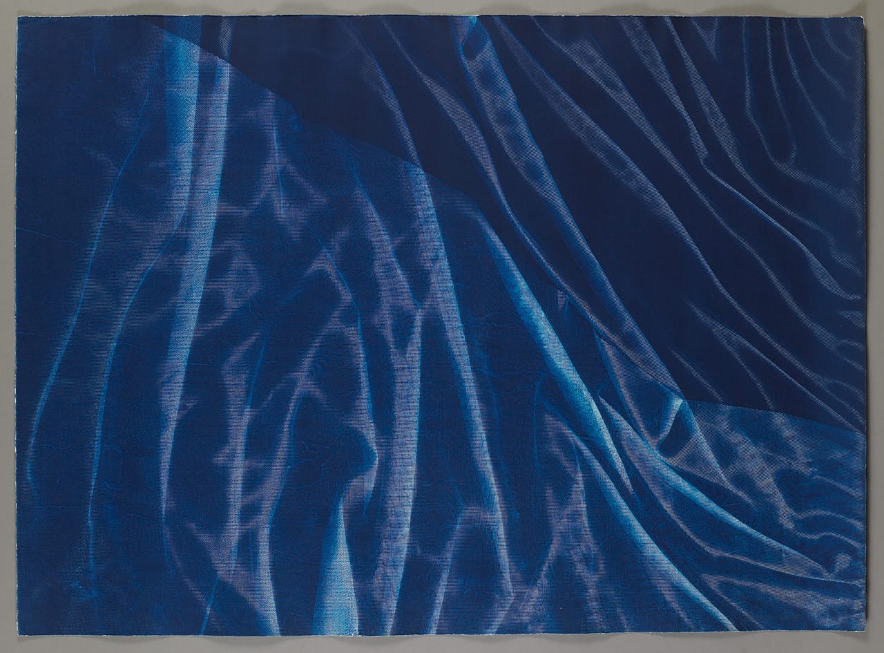 Barbara Kasten, ￼￼￼￼￼￼￼￼￼￼"Photogenic Painting, Untitled 21" (1975), cyanotype, 30 x 40 in. (courtesy of the artist)